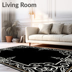 Elegant Black White Floral Border Rug