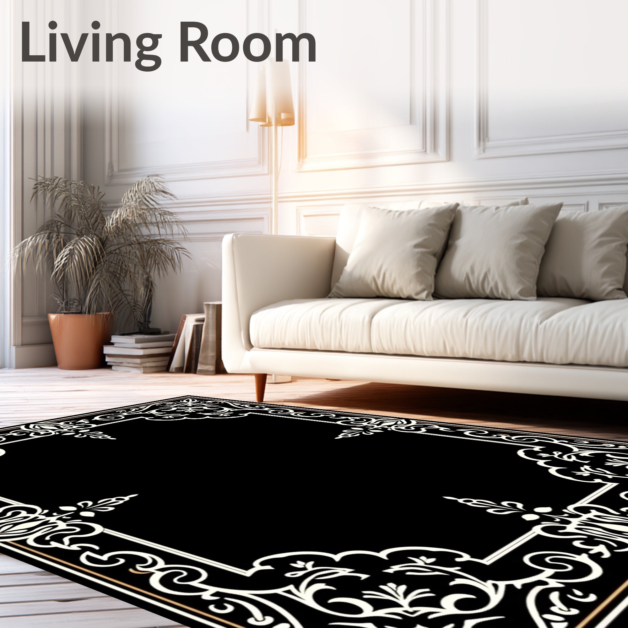 Elegant Black White Floral Border Rug