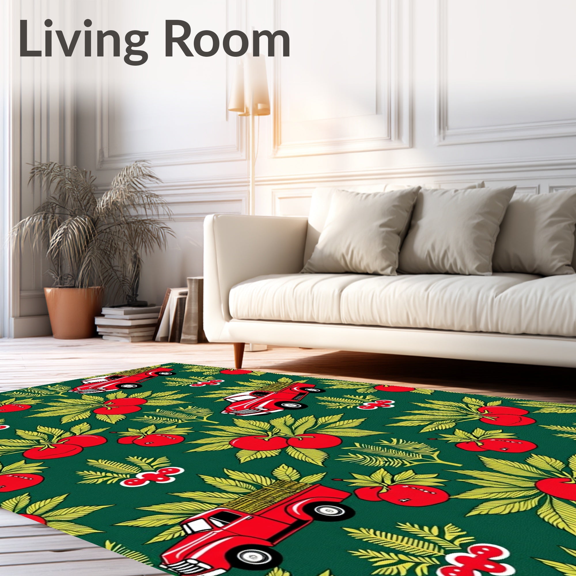 Red Vintage Trucks With Tomatoes Rug