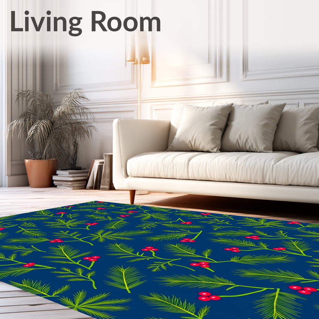 Evergreen Berry Branches on Deep Blue Rug