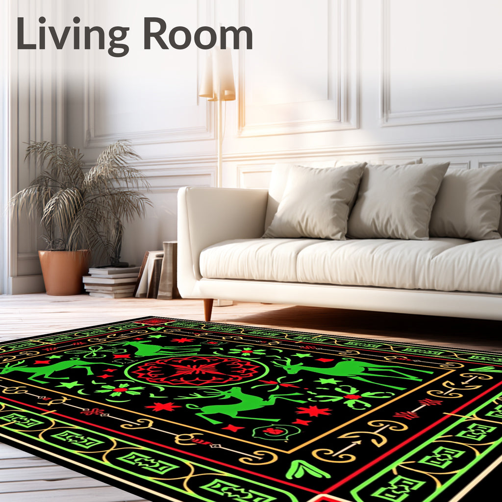 Vibrant Green Deer Garden Medallion Rug