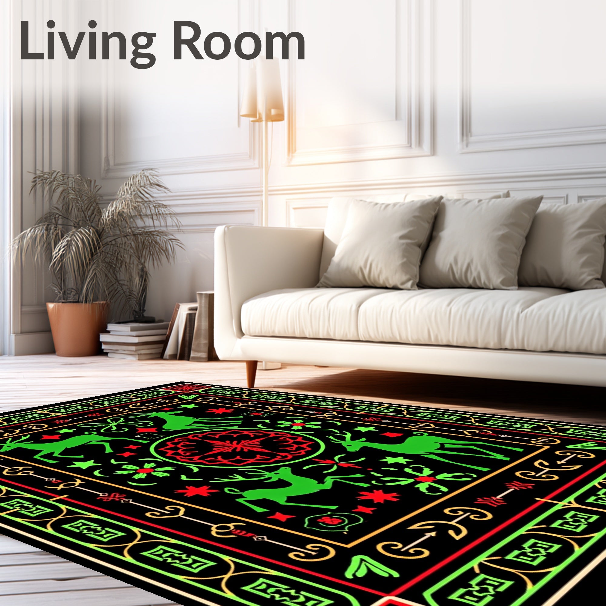 Vibrant Green Deer Garden Medallion Rug