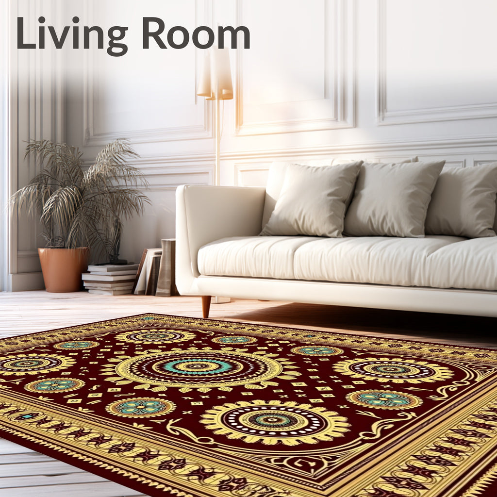 Burgundy Golden Teal Mandala Floral Rug