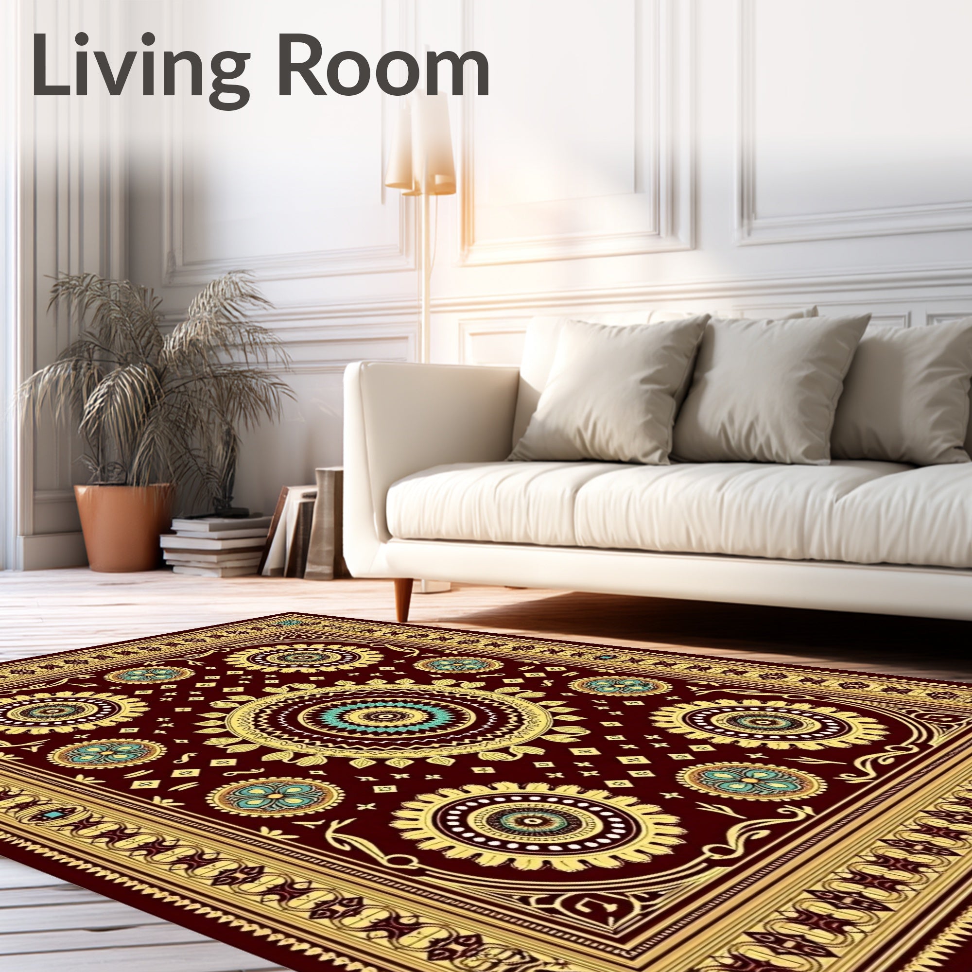 Burgundy Golden Teal Mandala Floral Rug