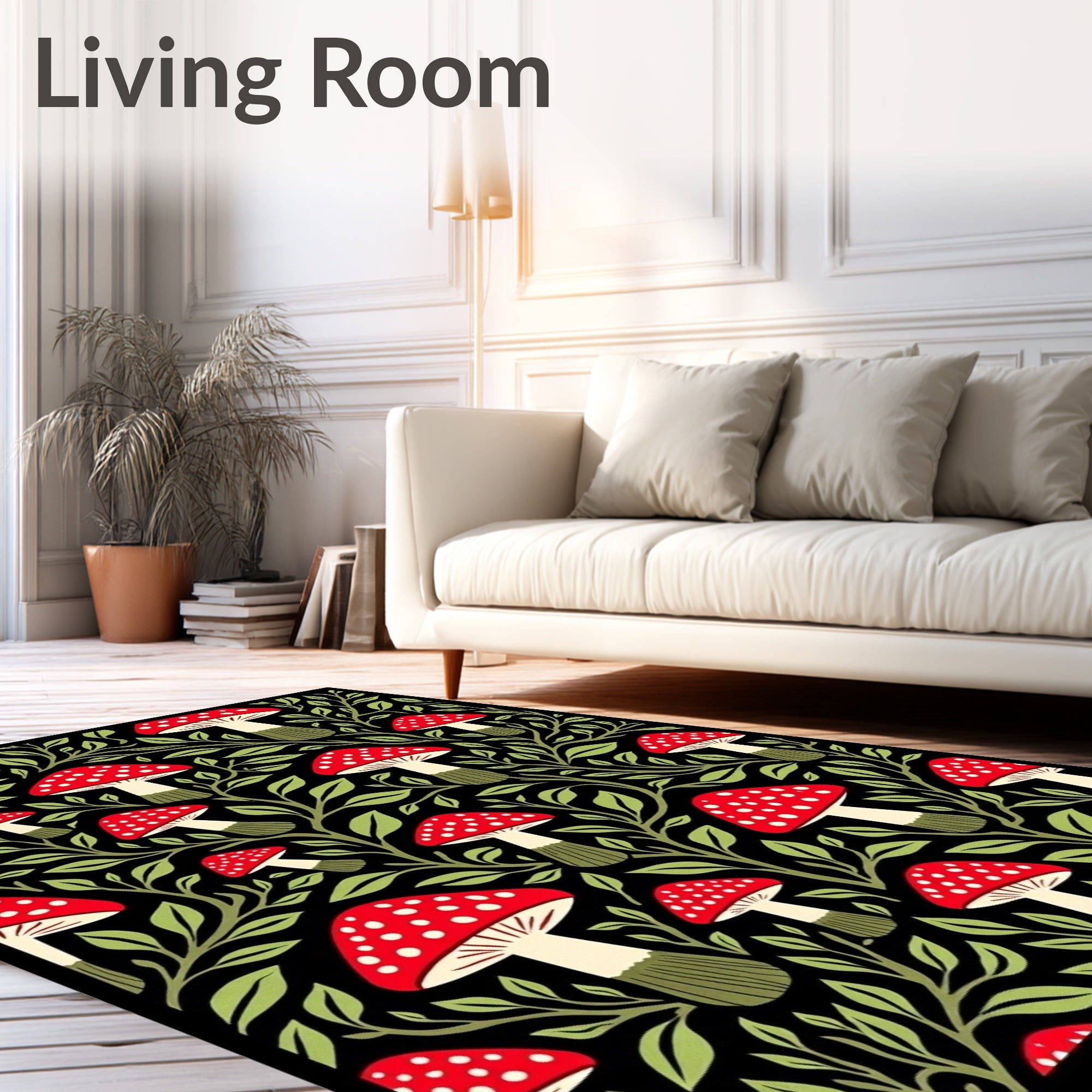Whimsical Red Mushroom Foliage Black Rug