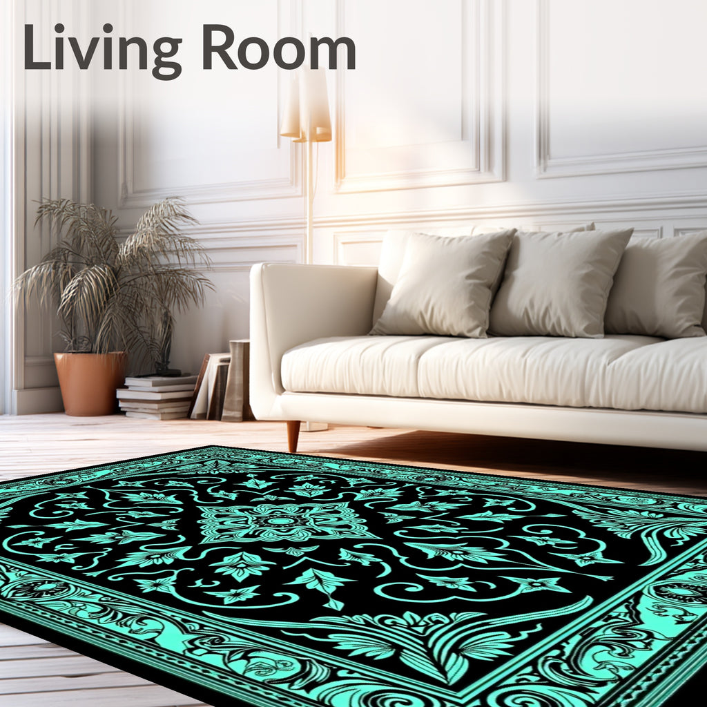 Aqua Black Vintage Floral Medallion Rug