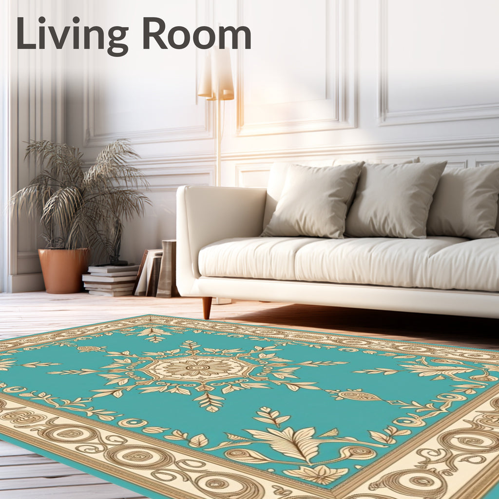 Turquoise Tan Floral Scroll Medallion Rug