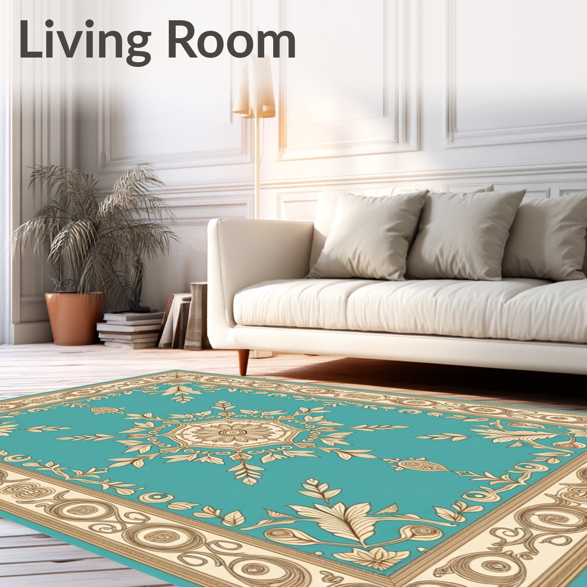 Turquoise Tan Floral Scroll Medallion Rug