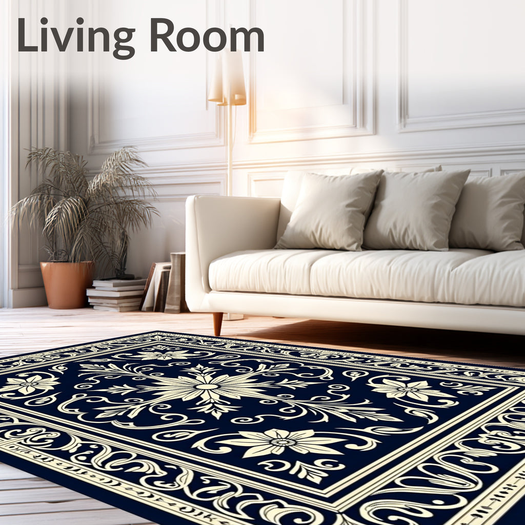 Navy Beige Floral Medallion Scrollwork Rug