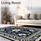 Navy Beige Floral Medallion Scrollwork Rug