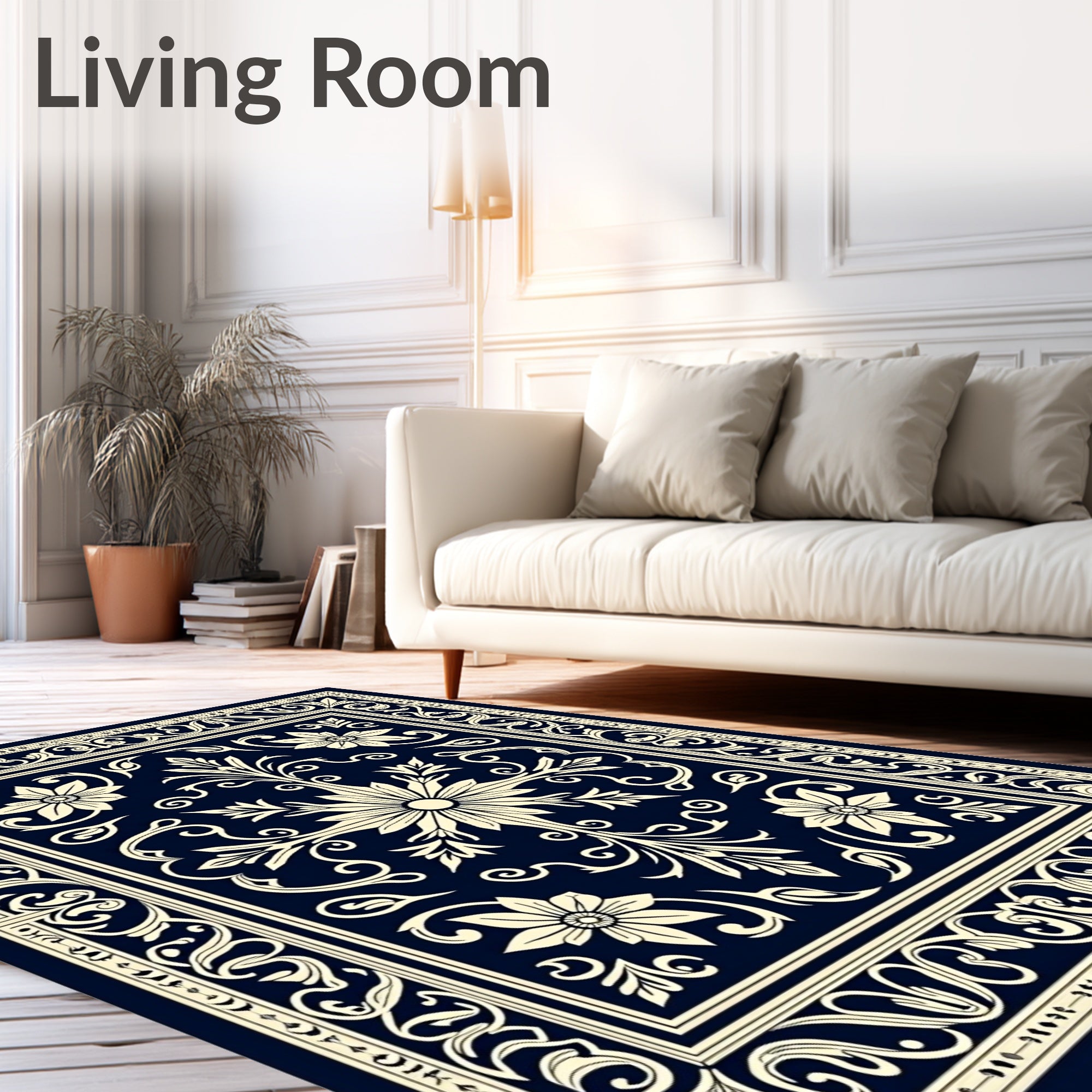 Navy Beige Floral Medallion Scrollwork Rug