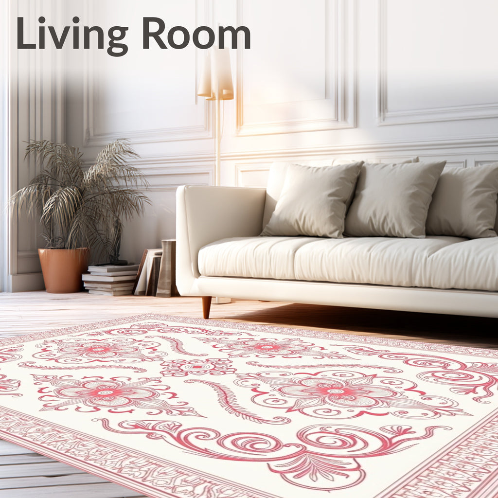 Coral Floral Scrollwork Frame Rug