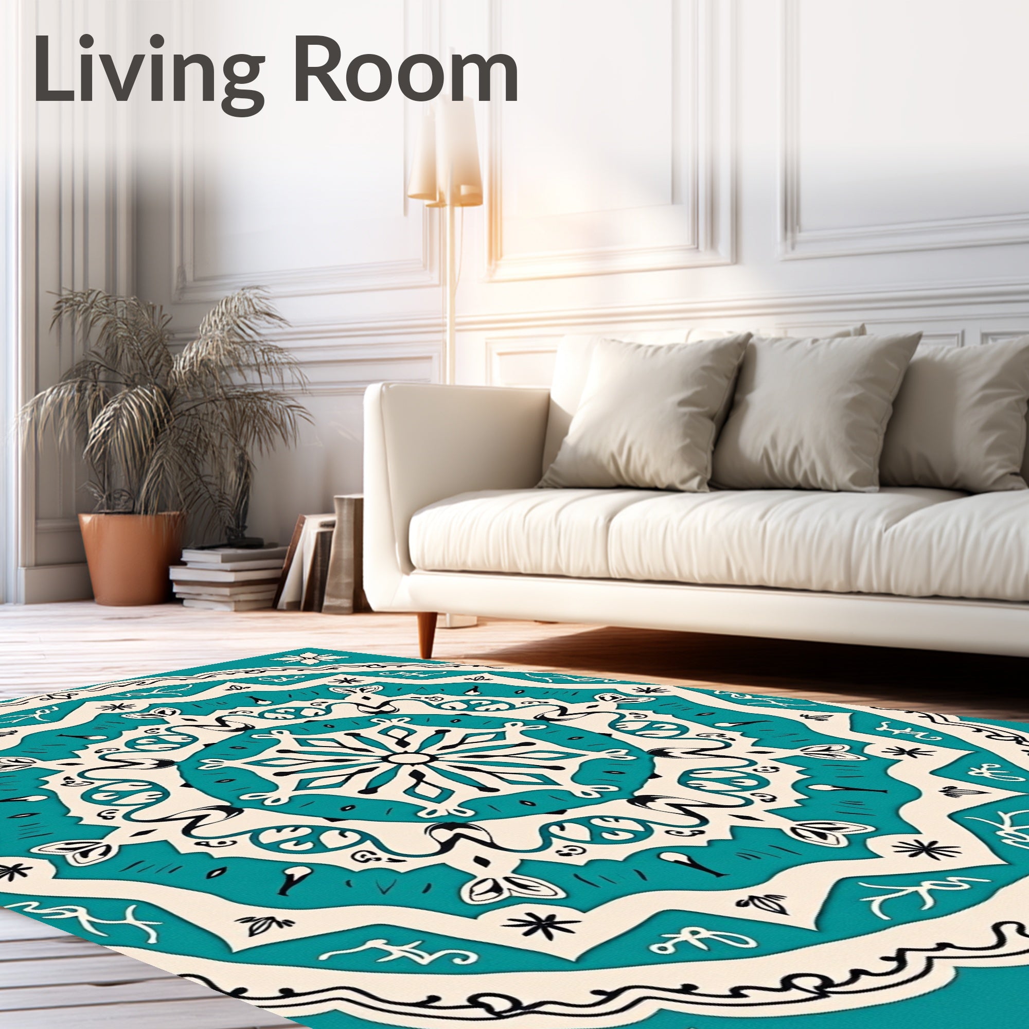Teal Cream Intricate Floral Mandala Rug
