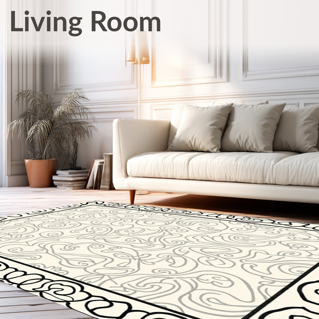 Ornate Ivory Scrollwork Border Rug
