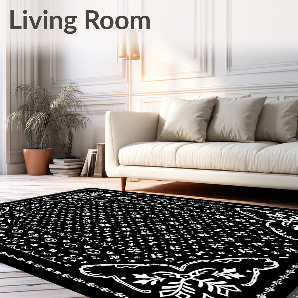 Black White Folk Floral Geometric Rug