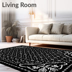 Black White Folk Floral Geometric Rug