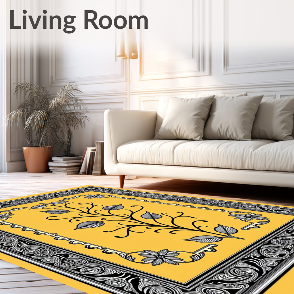 Gold Yellow Black Floral Scroll Border Rug