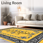 Gold Yellow Black Floral Scroll Border Rug