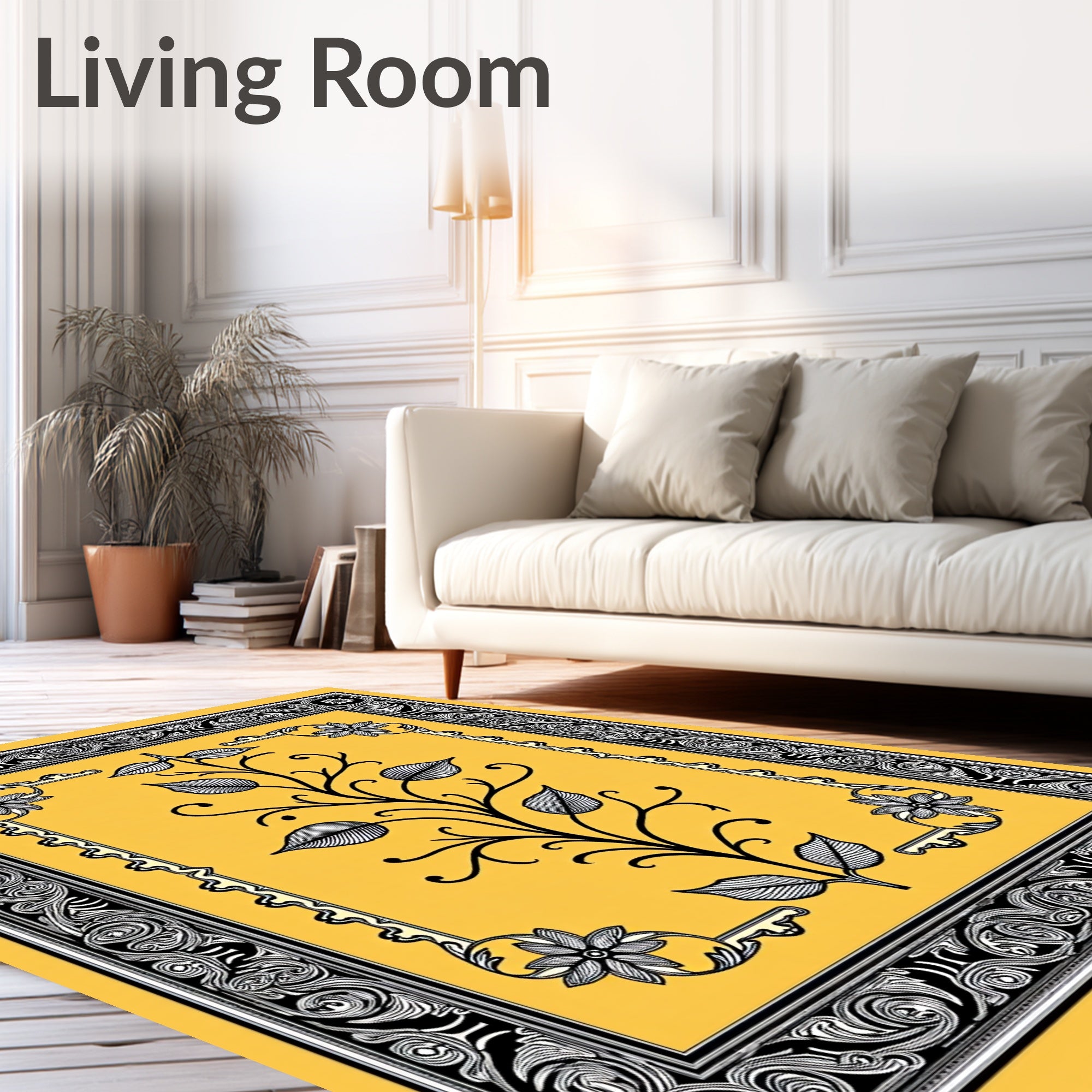Gold Yellow Black Floral Scroll Border Rug