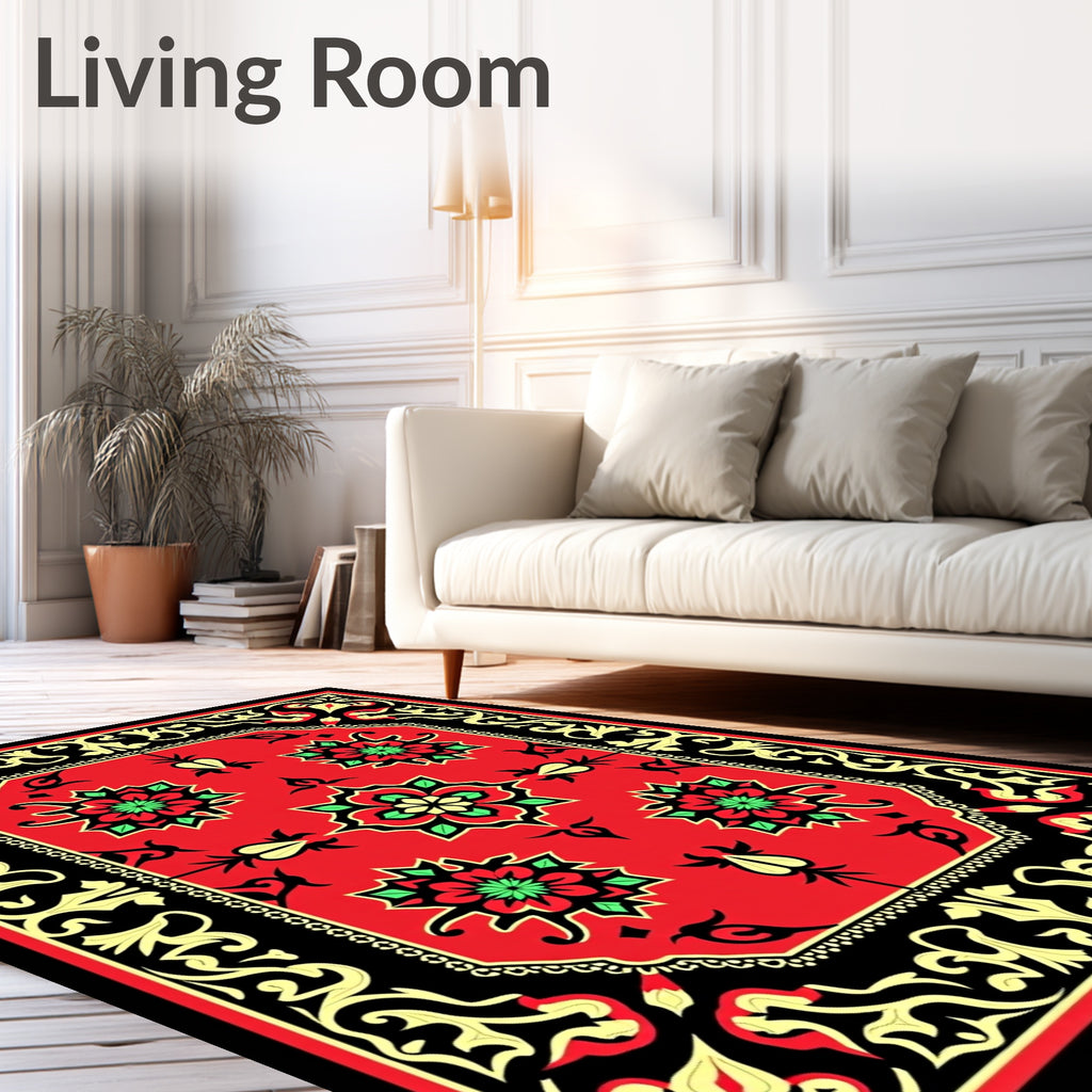 Crimson Red Floral Accents Black Border Rug