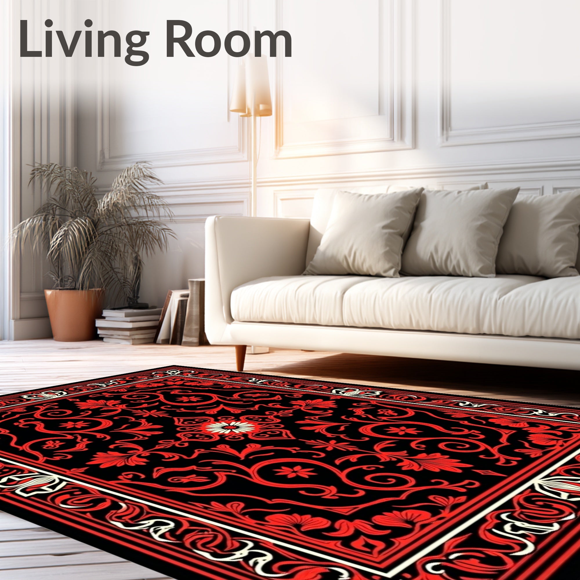 Red Black Floral Scroll Medallion Rug