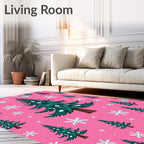 Teal Christmas Trees Snowflakes Pink Background Rug
