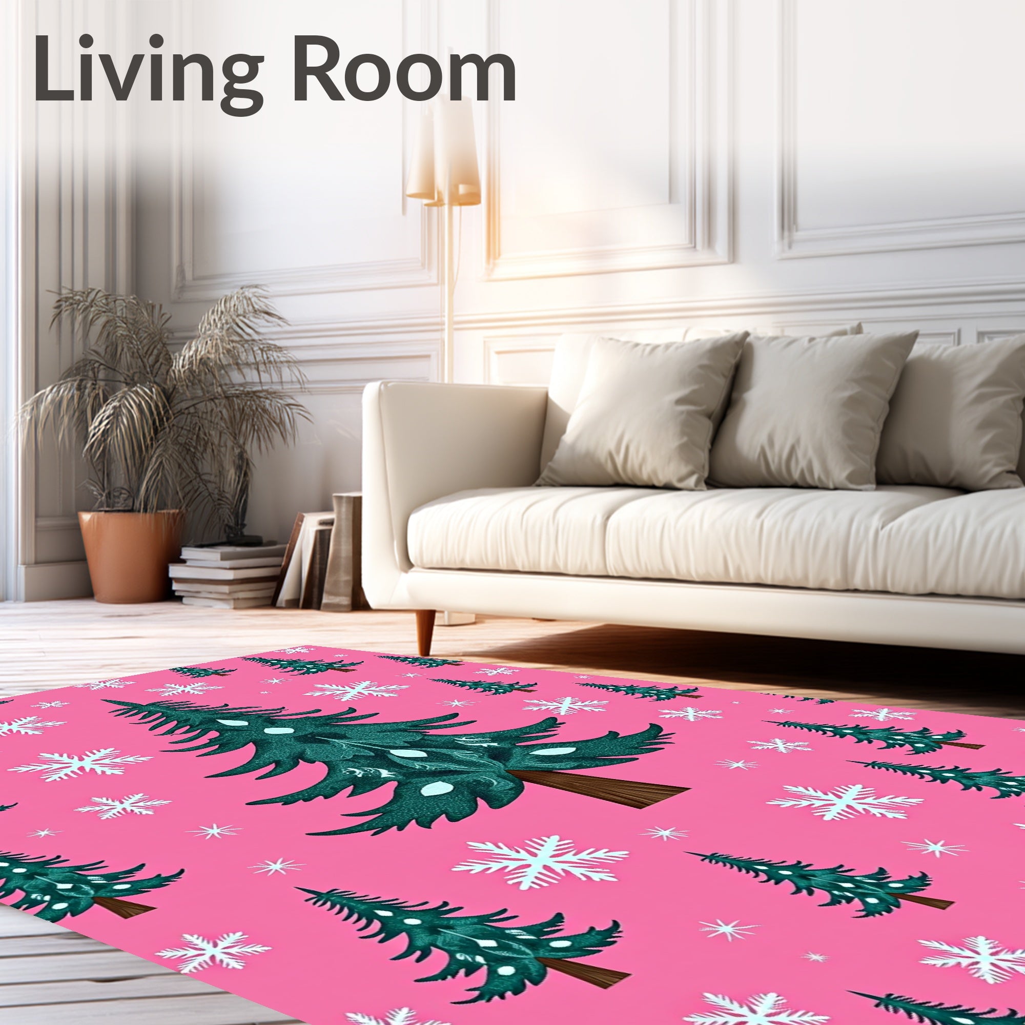 Teal Christmas Trees Snowflakes Pink Background Rug