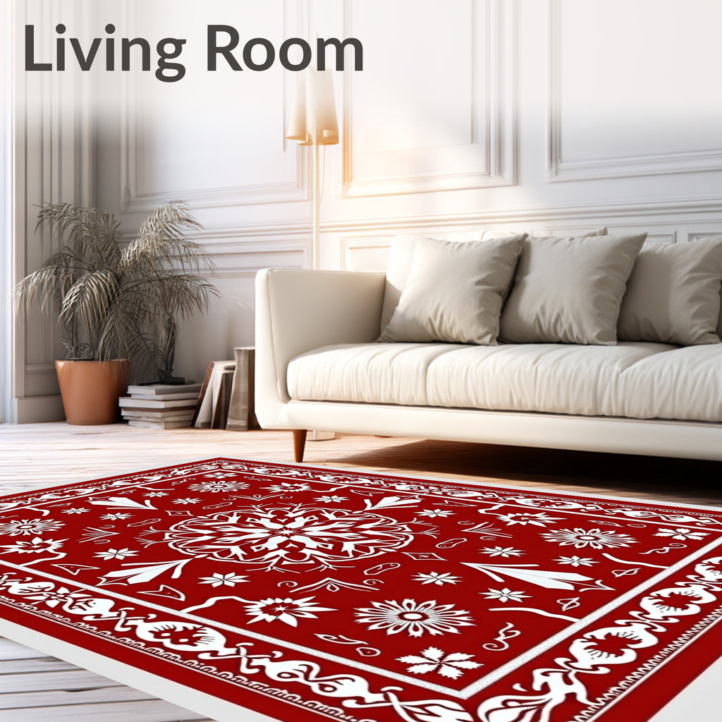 Crimson white floral centerpiece and border Rug