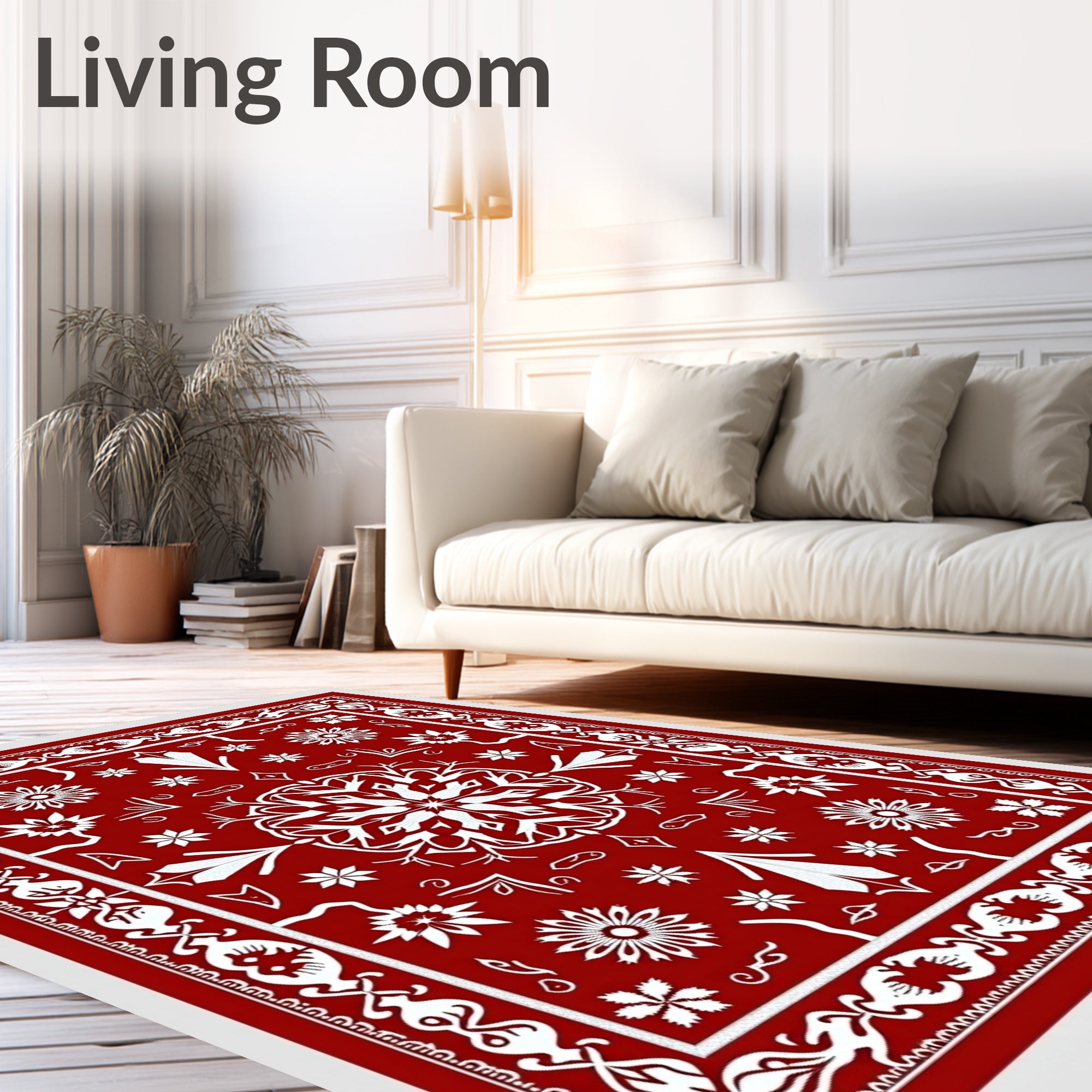 Crimson white floral centerpiece and border Rug