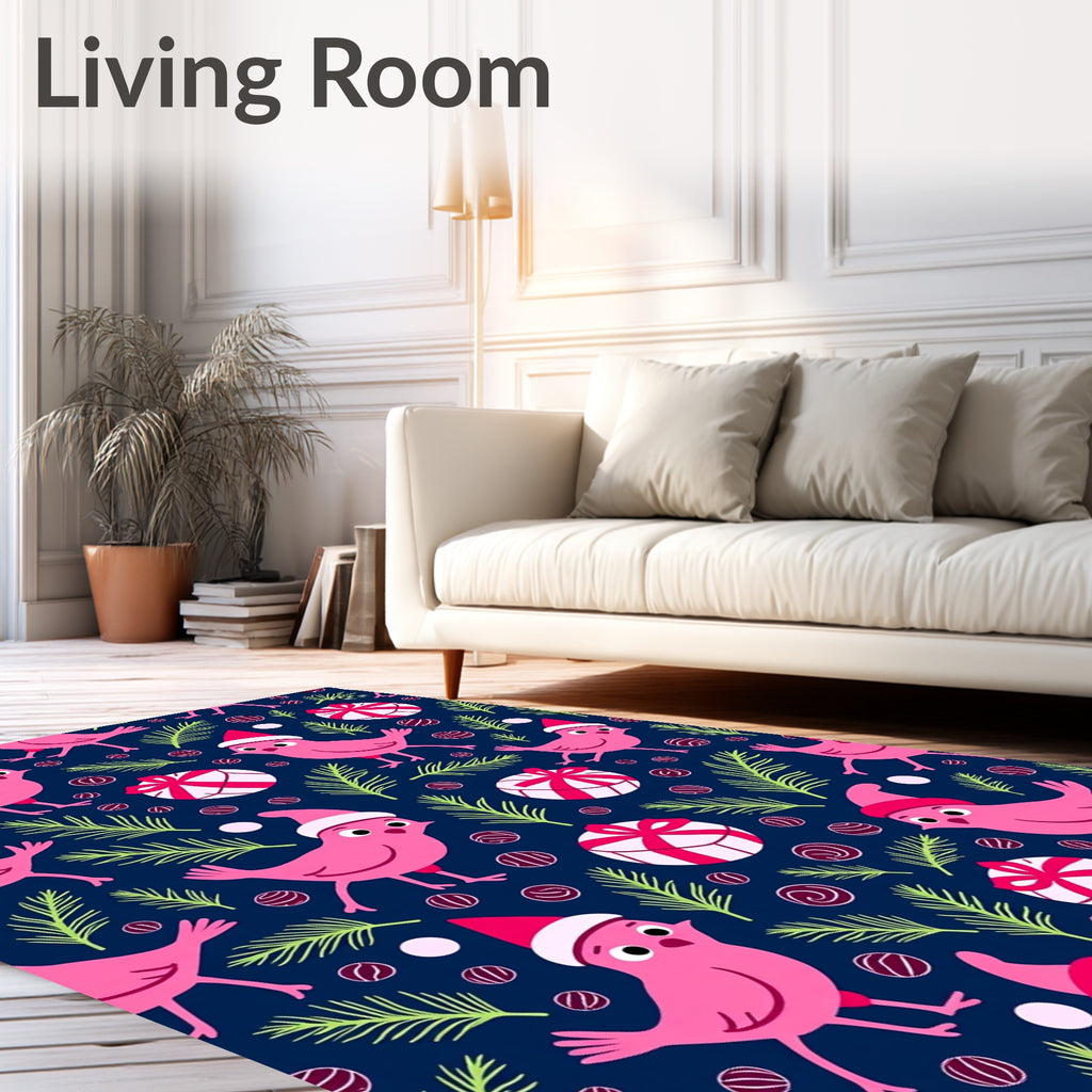 Pink Birds Christmas Festive Scene Rug