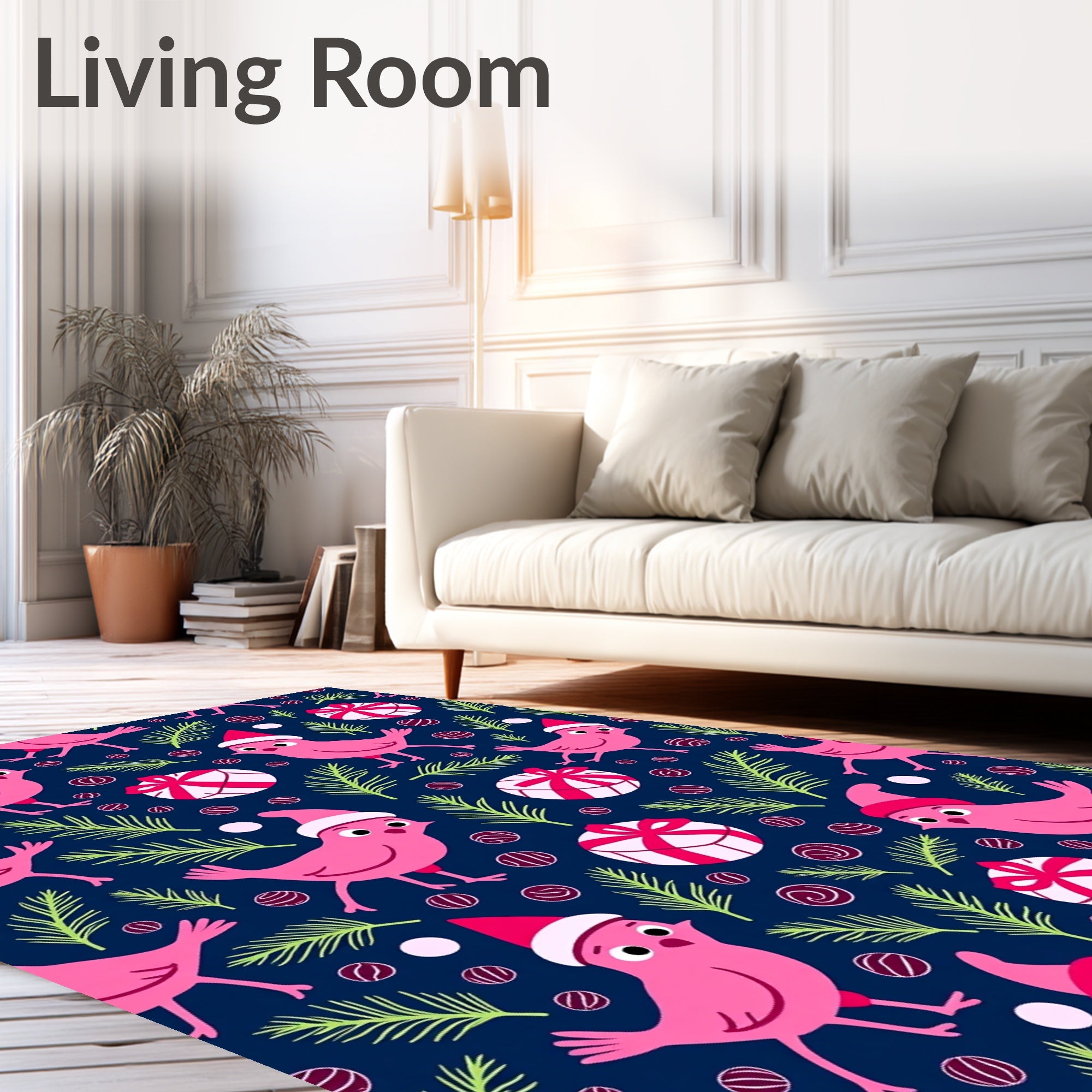 Pink Birds Christmas Festive Scene Rug