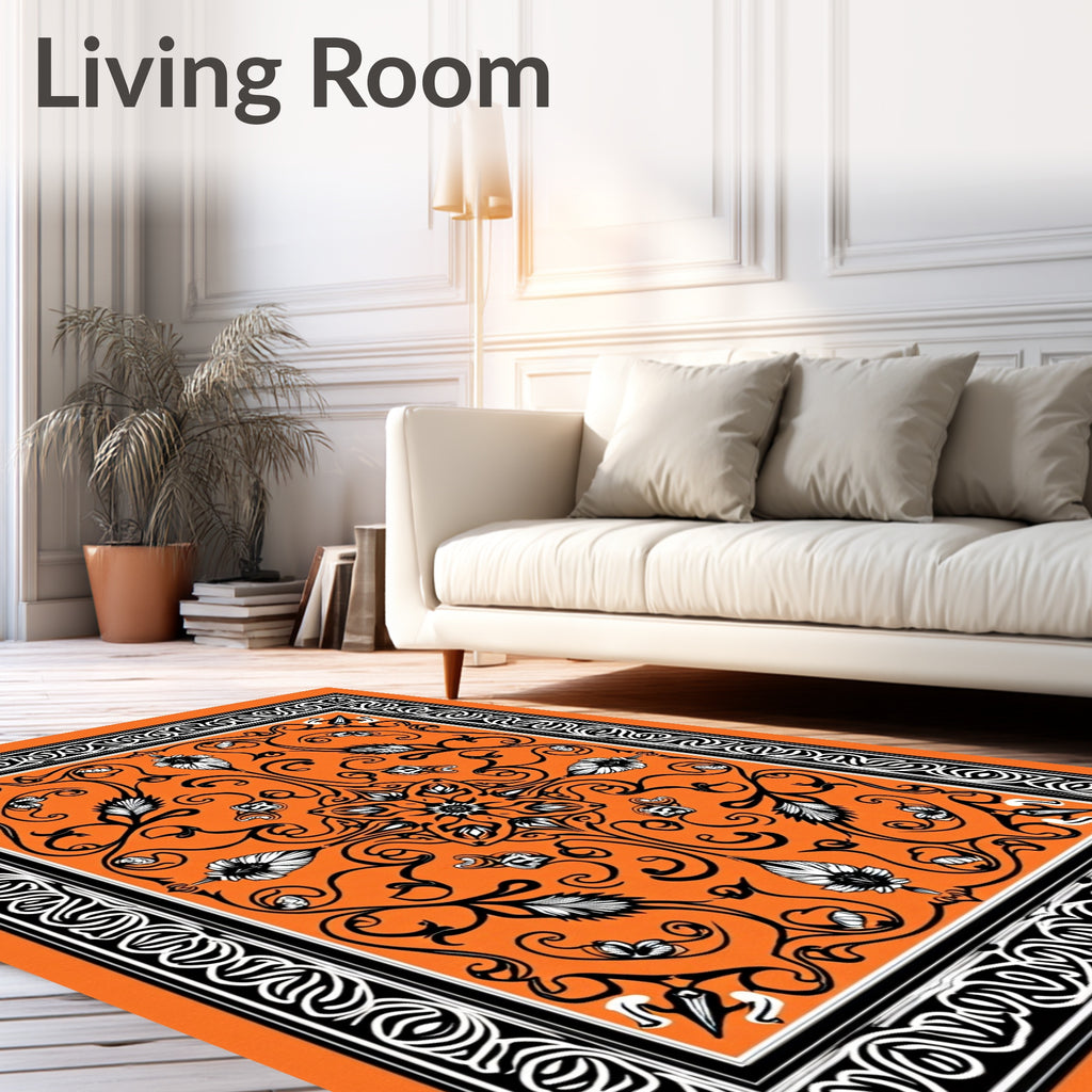 Vibrant Orange Floral Scroll Border Rug