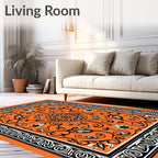 Vibrant Orange Floral Scroll Border Rug