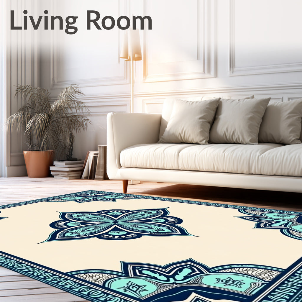 Teal Navy Floral Medallion Border Rug