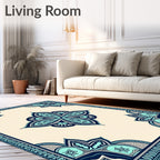 Teal Navy Floral Medallion Border Rug
