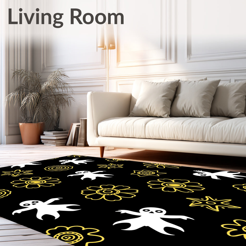 Whimsical Black White Yellow Ghost Flowers Rug