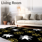 Whimsical Black White Yellow Ghost Flowers Rug