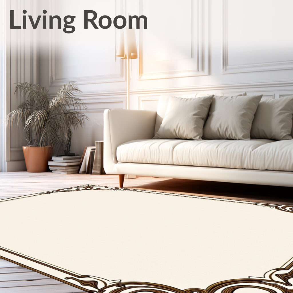 Elegant Brown Ornamental Scroll Border Rug