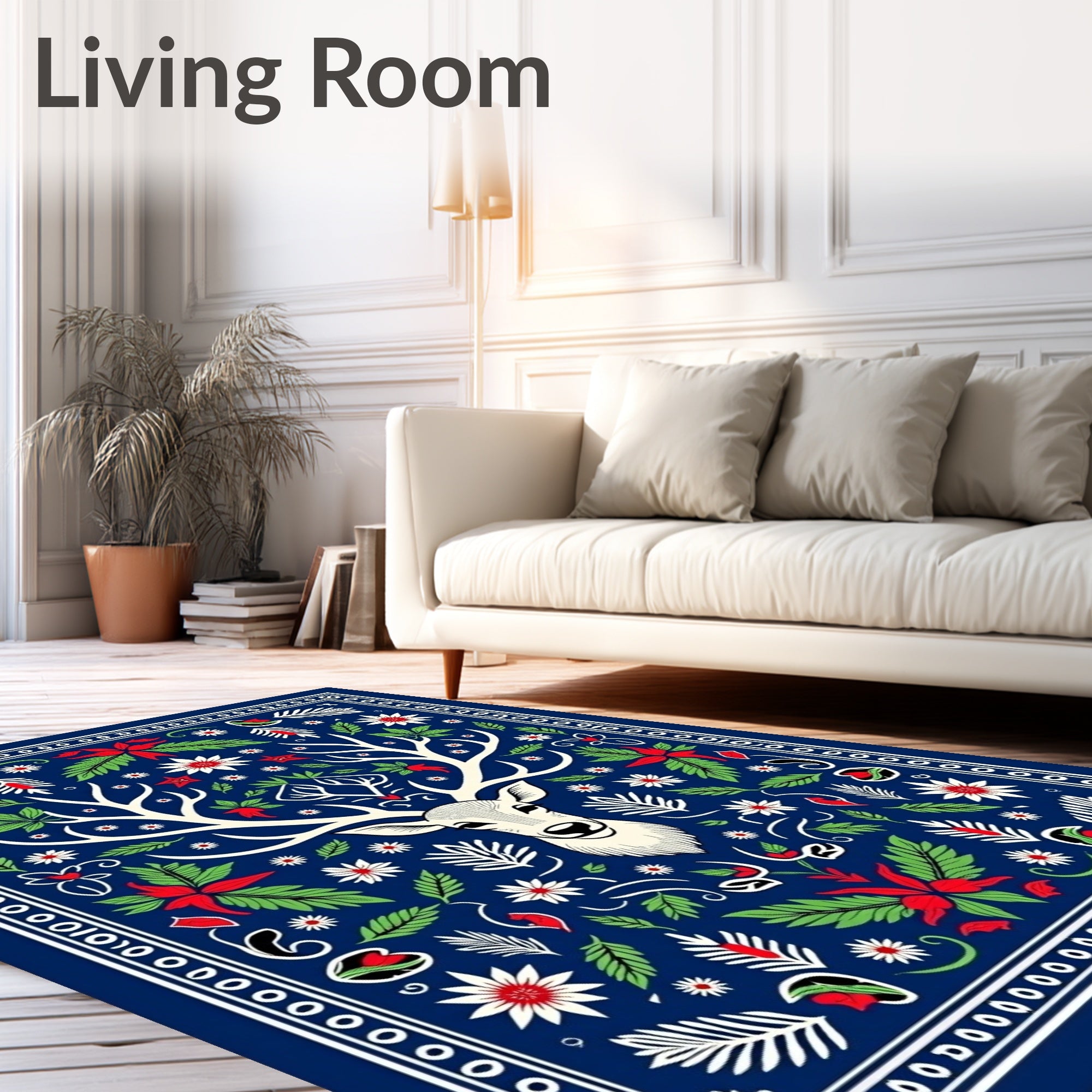 Majestic Stag Floral Folk Art Rug