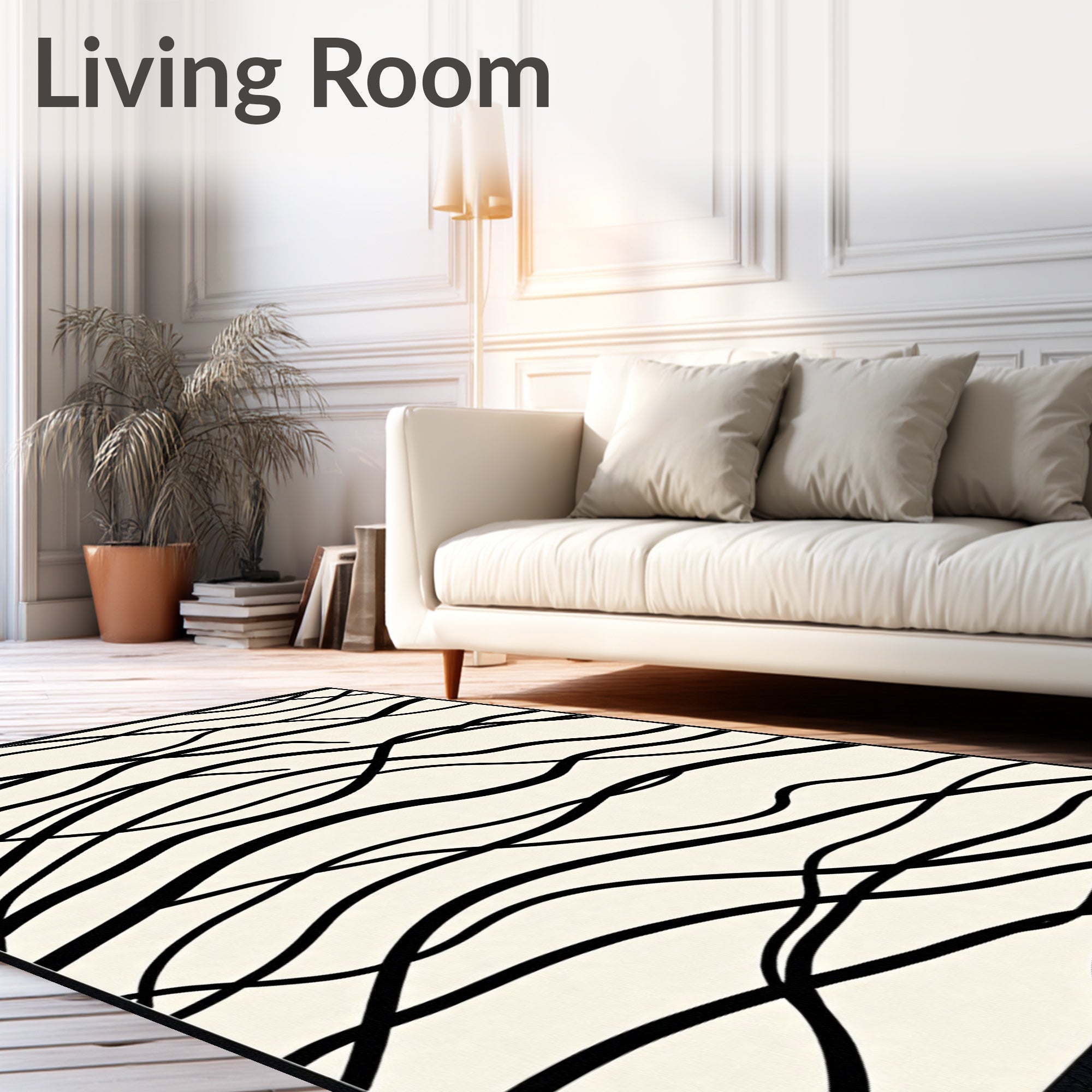 Cream Black Organic Flowing Lines Rug