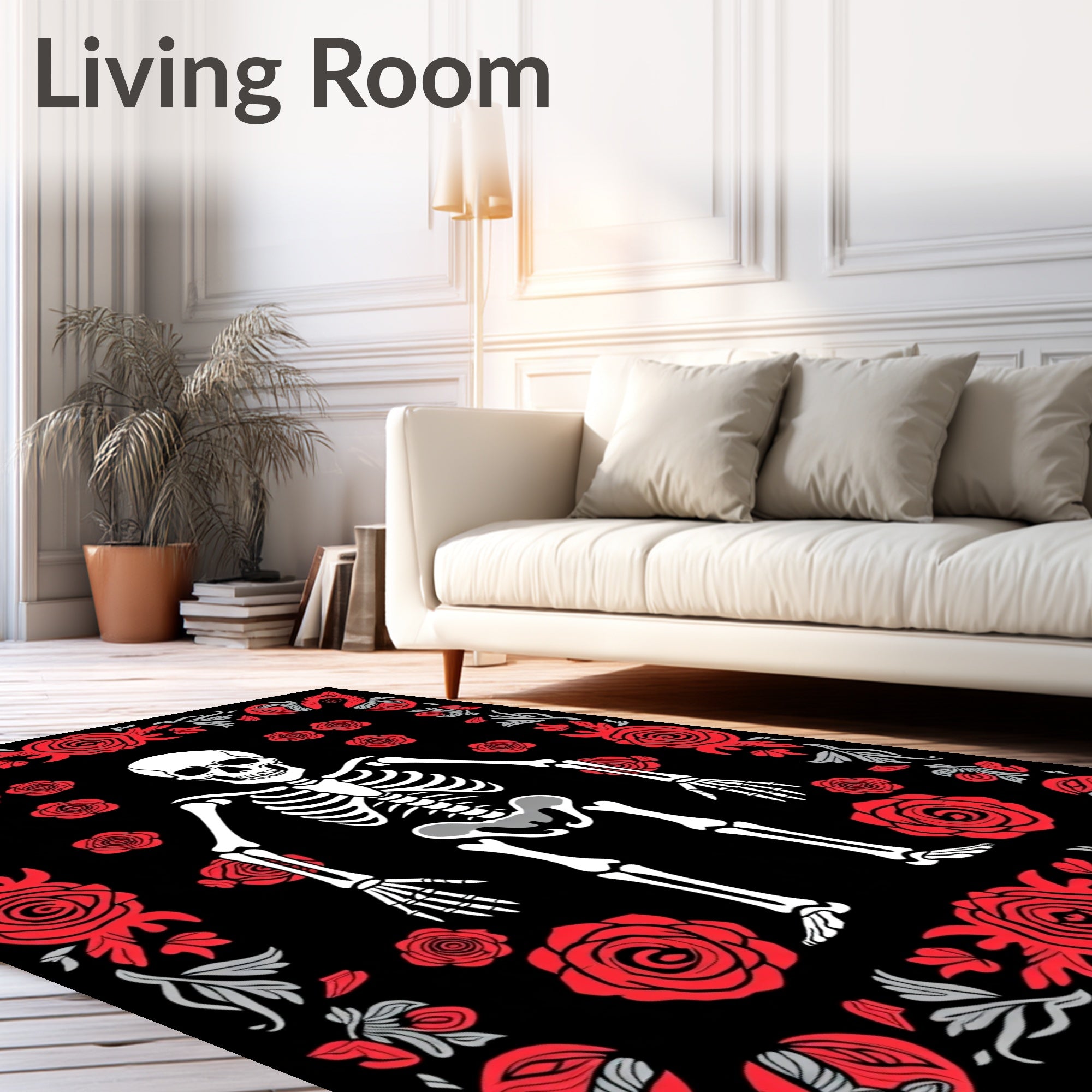 Skeleton Red Rose Border Art Rug