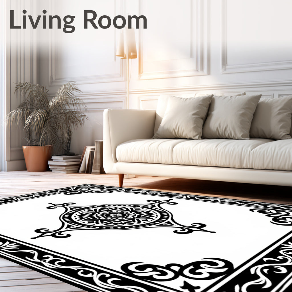 Black White Medallion Corner Border Rug