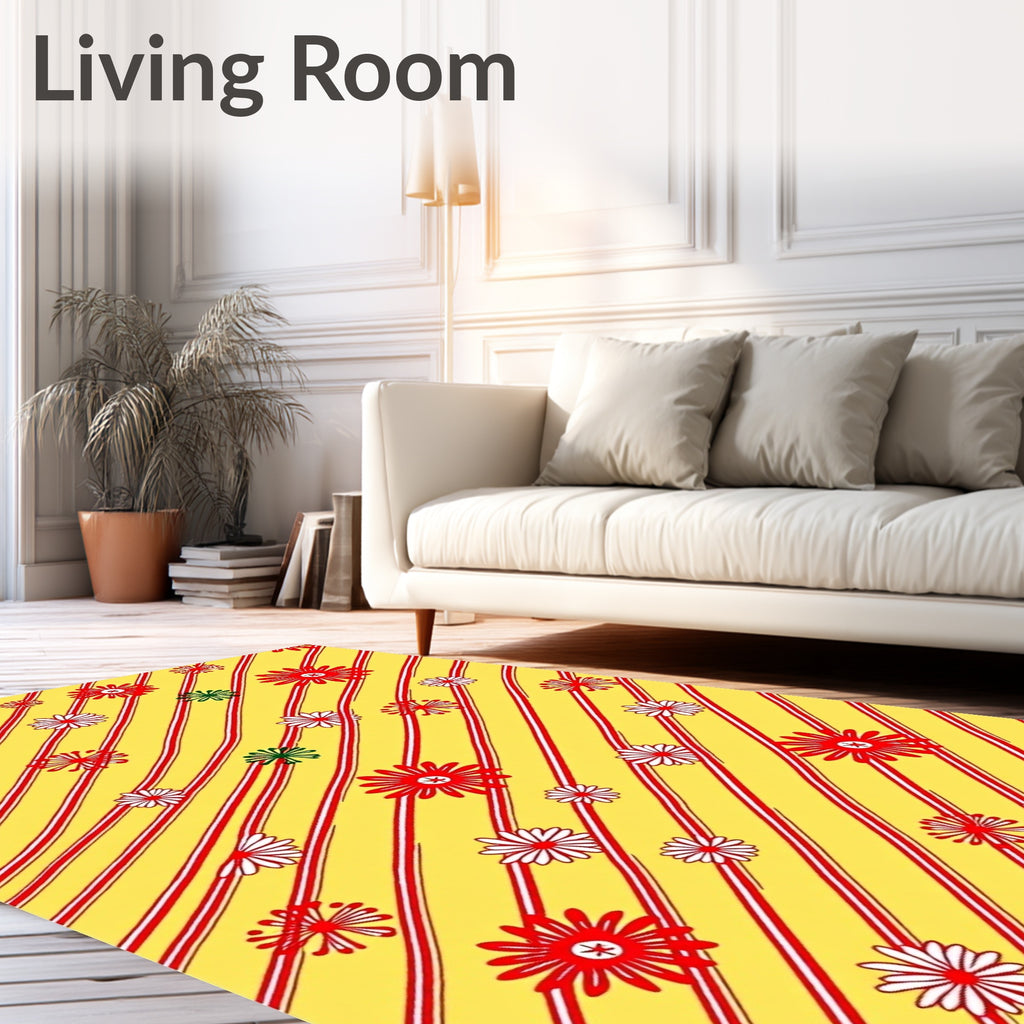 Whimsical Red Striped Floral Yellow Rug