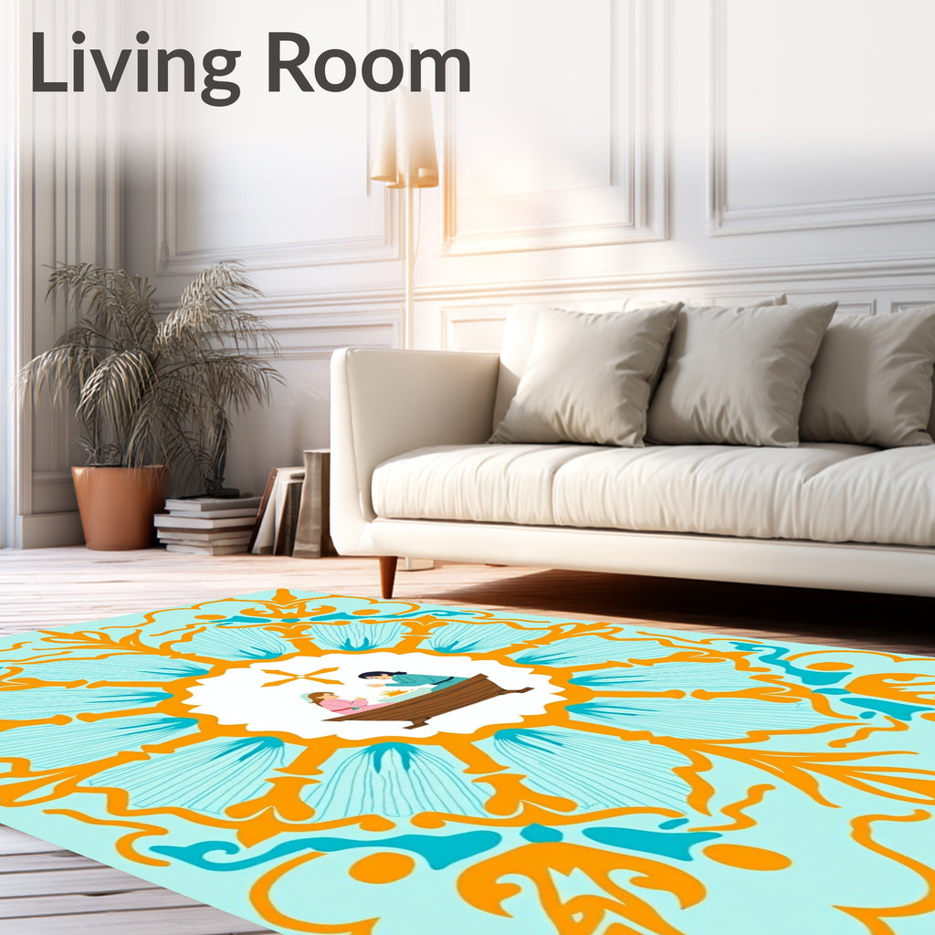 Light Blue Orange Floral Medallion Scene Rug