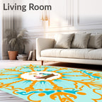 Light Blue Orange Floral Medallion Scene Rug