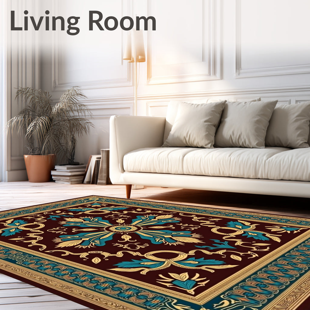 Deep Burgundy Teal Gold Floral Scroll Rug