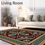 Deep Burgundy Teal Gold Floral Scroll Rug