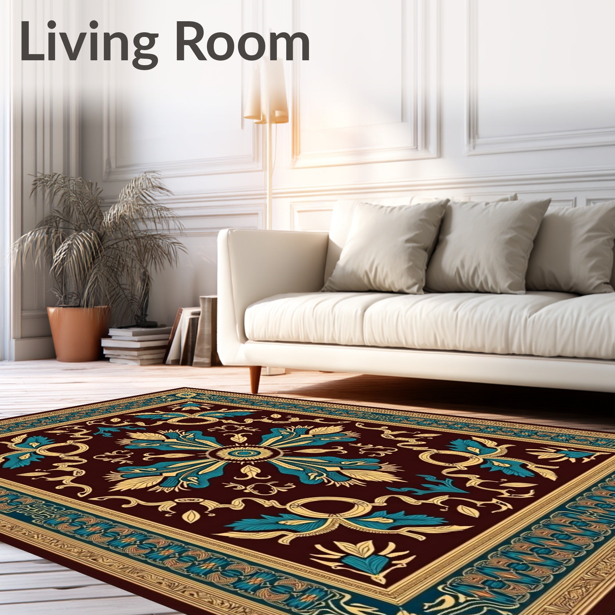 Deep Burgundy Teal Gold Floral Scroll Rug