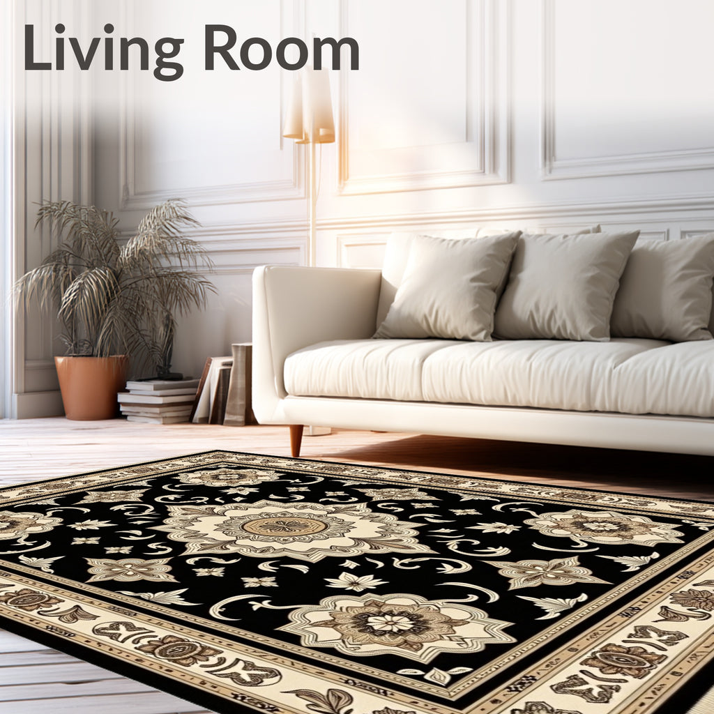 Black Cream Elaborate Floral Medallion Rug