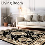 Black Cream Elaborate Floral Medallion Rug